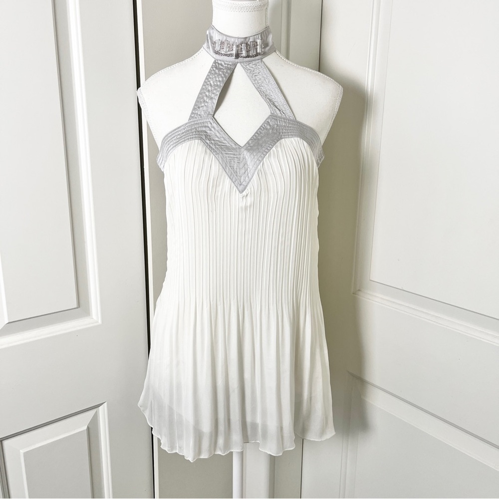 COCO & tashi Pleated Chiffon Embellished Halter Blouse, White & Silver